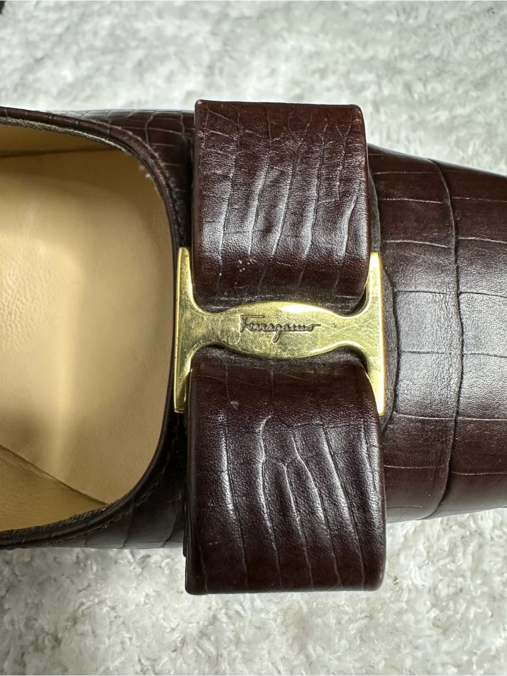Vintage Salvatore Ferragamo Brown Croc Embossed Leather Pumps Loafers 7C 7 Wide